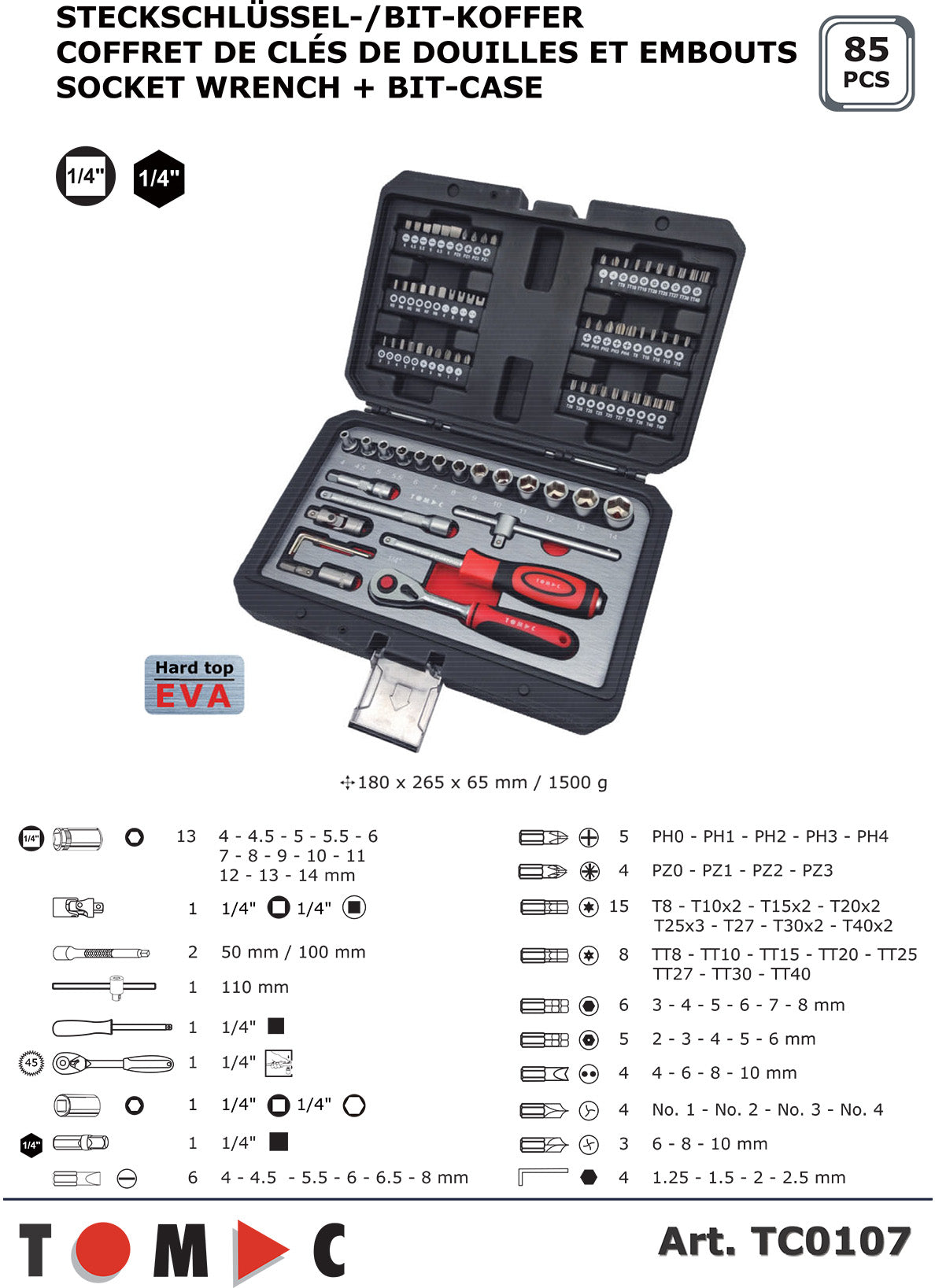 TC0107 Steckschlüssel und Bit Koffer - 85-tlg. 1/4