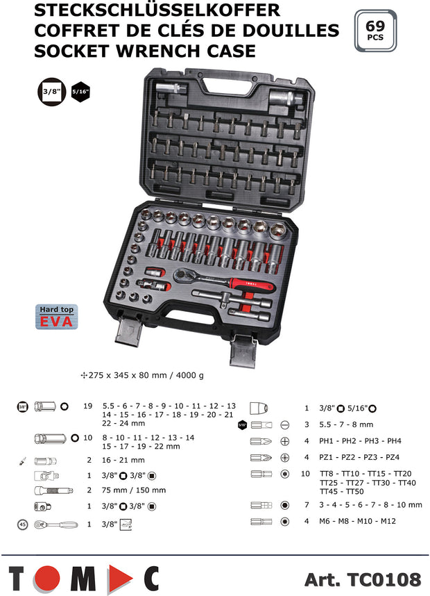 TC0108 Socket Wrench Case - 69-piece 3/8" + 5/16"