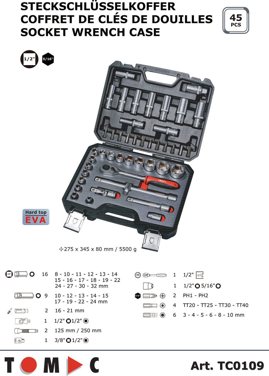 TC0109 Socket Wrench Case - 45 pcs. 1/2"+5/16"