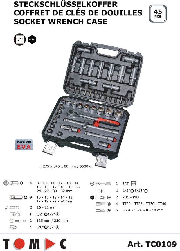 TC0109 Socket Wrench Case - 45 pcs. 1/2"+5/16"