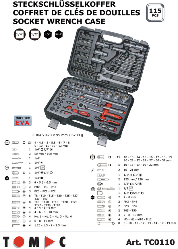 TC0110 Socket Wrench Case - 115 pcs. 1/4" + 1/2" + 5/16"