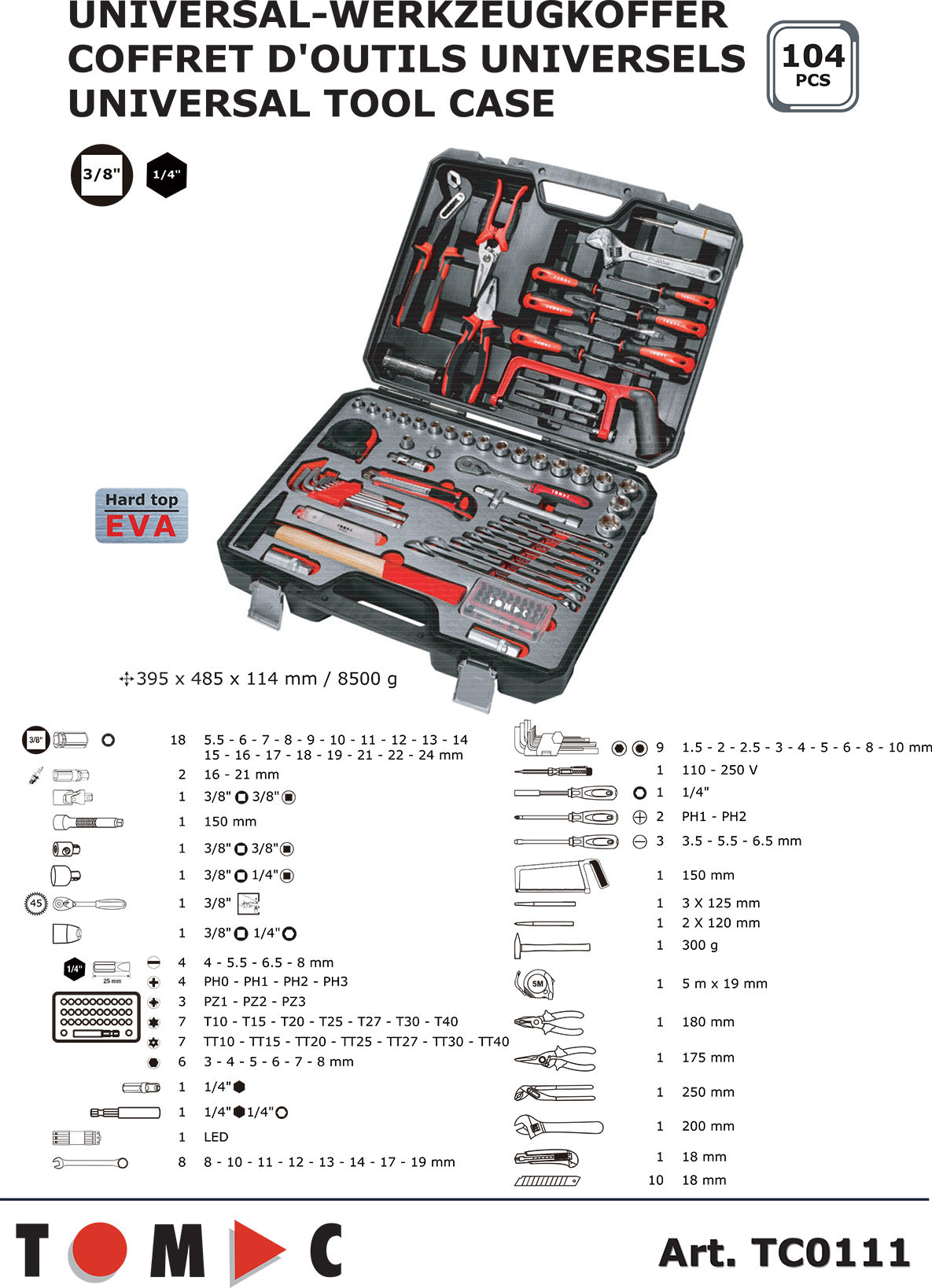 TC0111 Universal Werkzeug Koffer - 104-tlg. 3/8