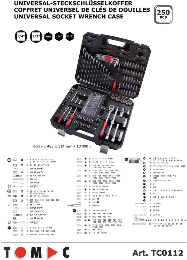 TC0112 Universal socket wrench case - 250 pcs. 1/4" + 1/2" + 5/16" + 4 mm