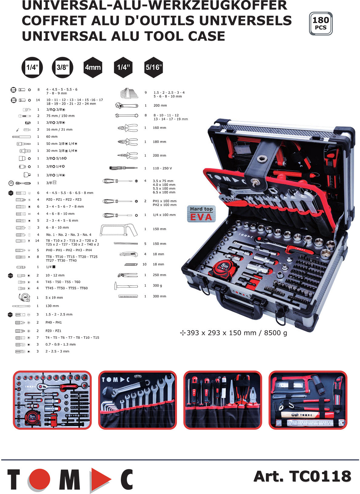 TC0118 Universal Alu Werkzeug Koffer - 180-tlg. 1/4