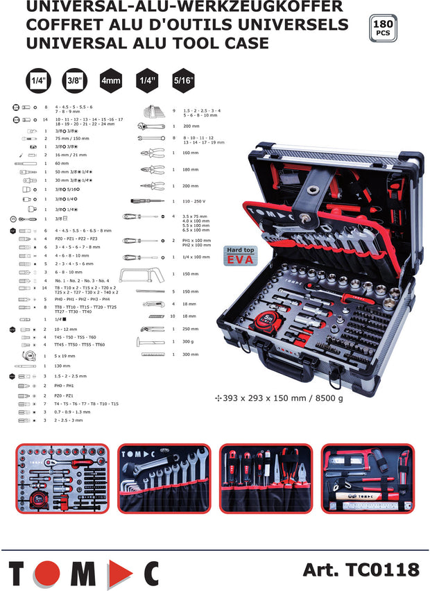 TC0118 Universal aluminum tool case - 180 pcs. 1/4" + 3/8" + 5/16" + 4 mm