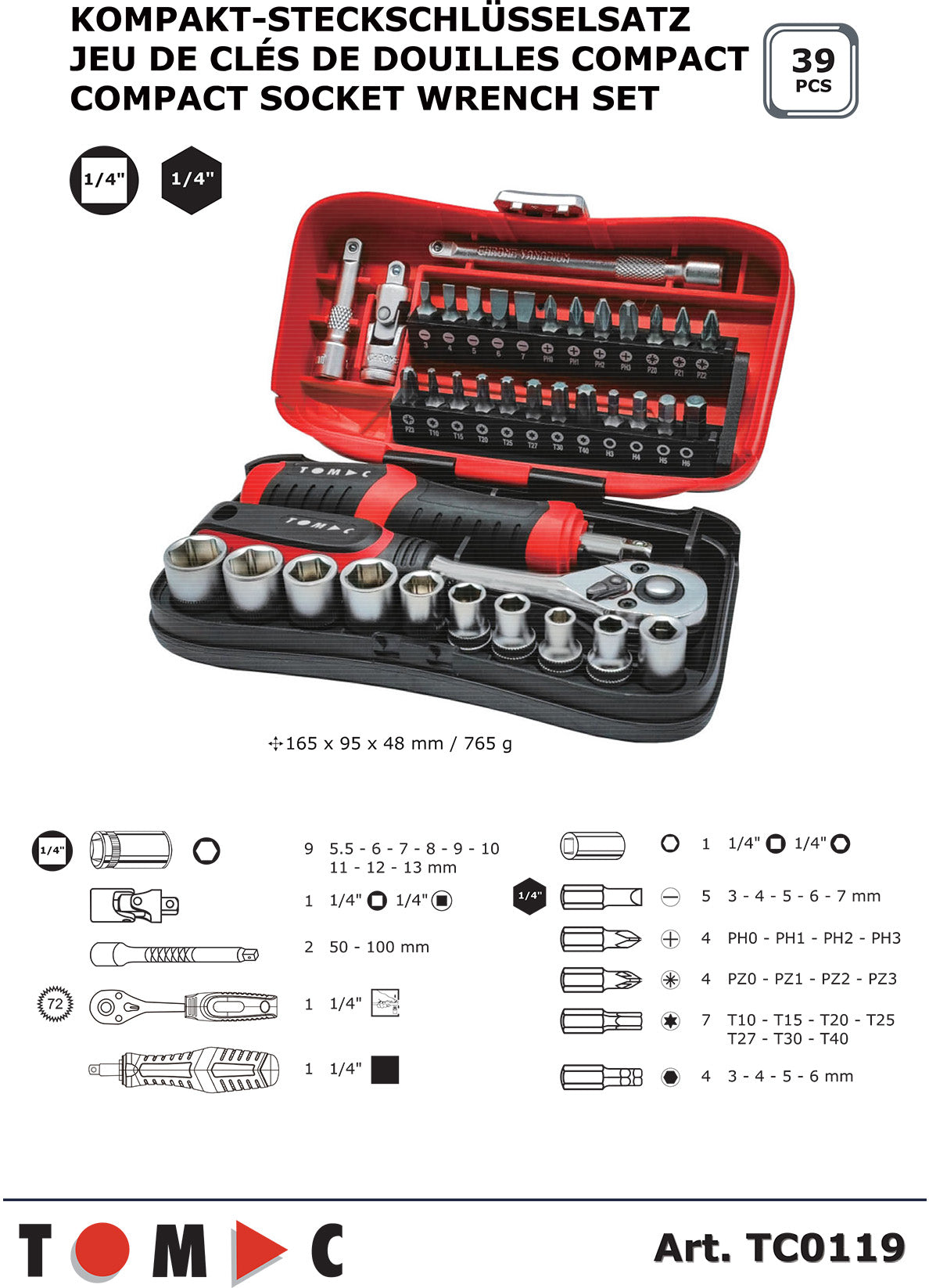 TC0119 Kompakt Steckschlüssel Satz - 39-tlg. 1/4