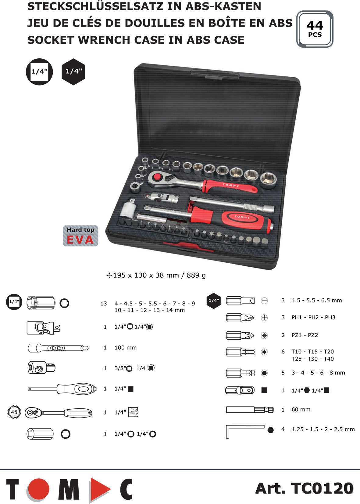 TC0120 Steckschlüssel Satz in ABS-Kasten - 44-tlg. 1/4