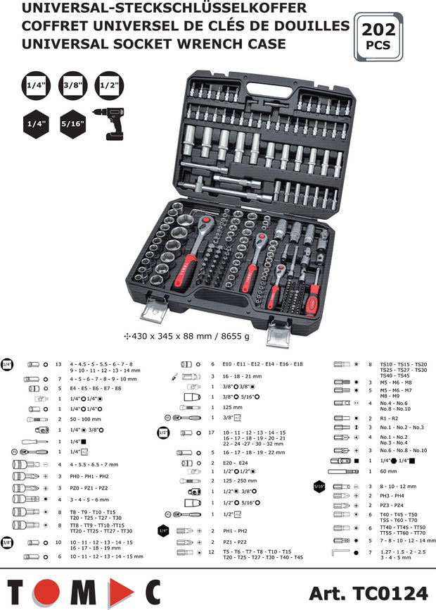 TC0124 Universal Socket Wrench Case - 202 pcs. 1/4" + 3/8" + 1/2" + 5/16"