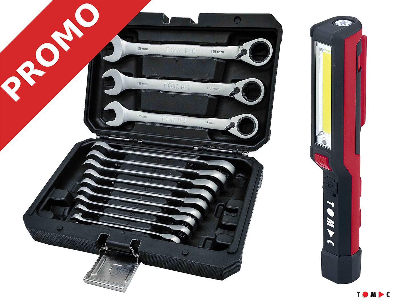 Promo 2025-2 Ratschen Ringgabelschlüssel Satz umschaltbar 8-19 mm & Akku LED Stiftleuchte 2W gratis dazu