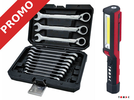 Promo 2025-2 Ratschen Ringgabelschlüssel Satz umschaltbar 8-19 mm & Akku LED Stiftleuchte 2W gratis dazu