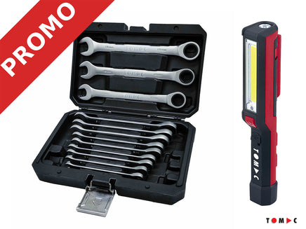 Promo 2025-2 Ratschen Ringgabelschlüssel Satz gerade 8-19 mm & TC0501 Akku LED Stiftleuchte 2W gratis dazu