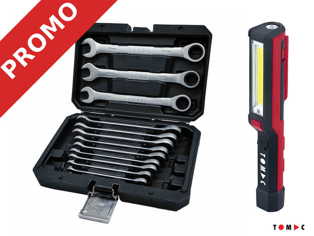 Promo 2025-2 Ratschen Ringgabelschlüssel Satz gerade 8-19 mm & TC0501 Akku LED Stiftleuchte 2W gratis dazu