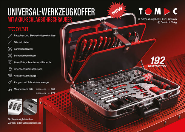 Universal-Werkzeugkoffer TC0138 – 192-teilig mit Akku-Schlagbohrschrauber