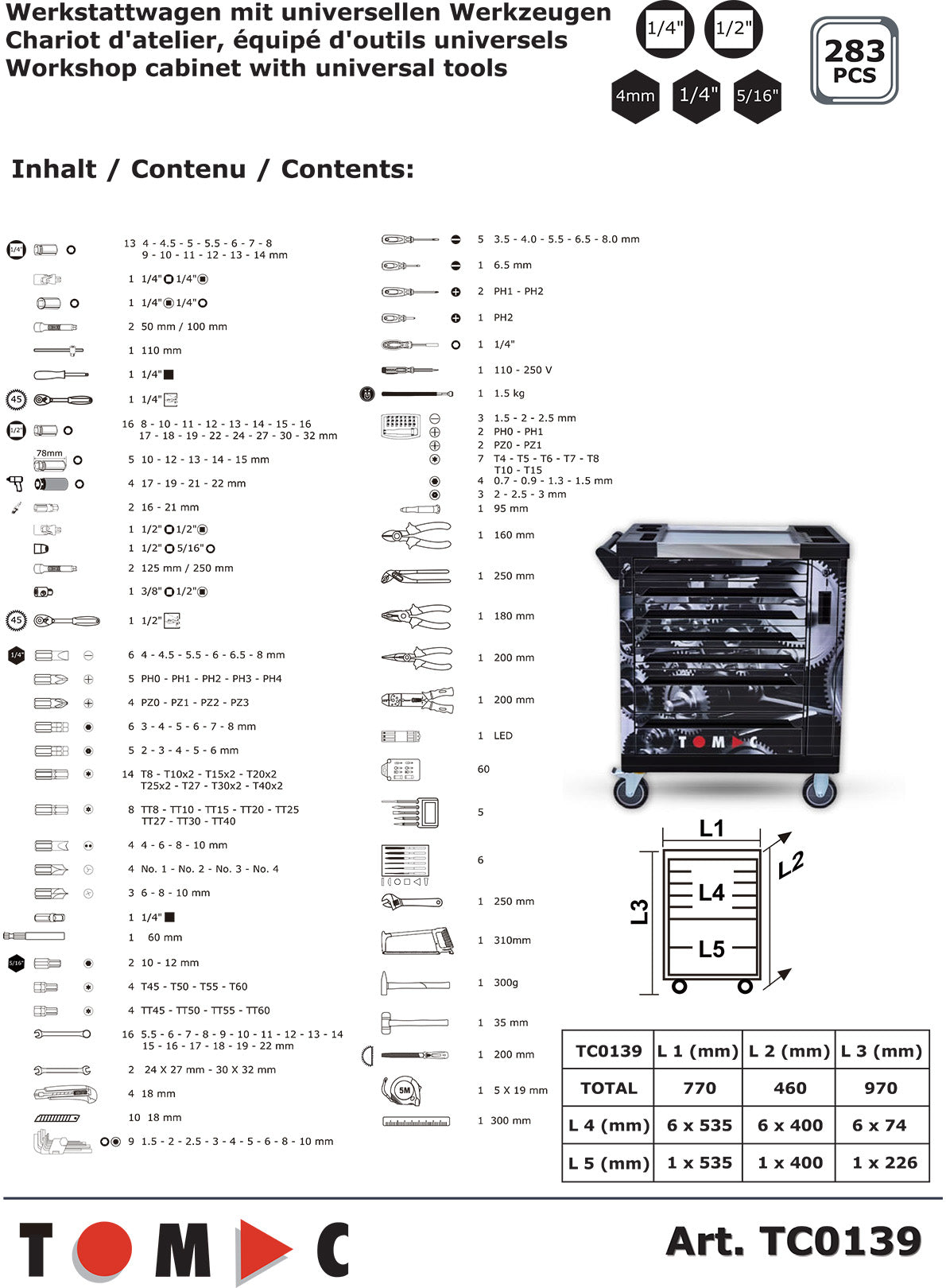 TC0139 Universal Werkstattwagen - 283-tlg. 7 Schubladen