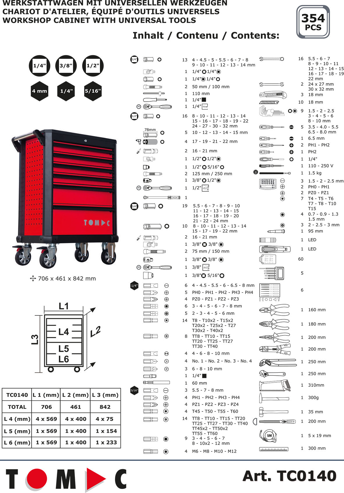 TC0140 Werkstattwagen mit universellen Werkzeugen - 354-tlg. 6 Schubladen