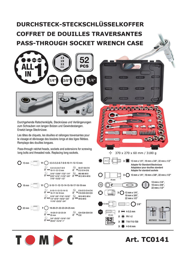 TC0141 Through-hole socket wrench set - 52 pieces 1/4" + 3/8" + 1/2"