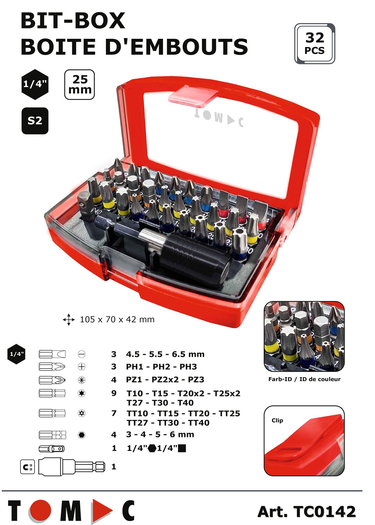 TC0142 Coffret d'embouts S2 avec bague colorée - 32 pièces 1/4