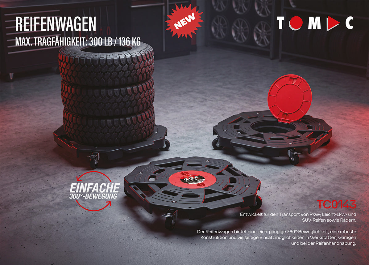 TC0143 Reifenwagen – 360° beweglich, bis 136 kg Tragfähigkeit, Lieferung ab Mitte Oktober 2026