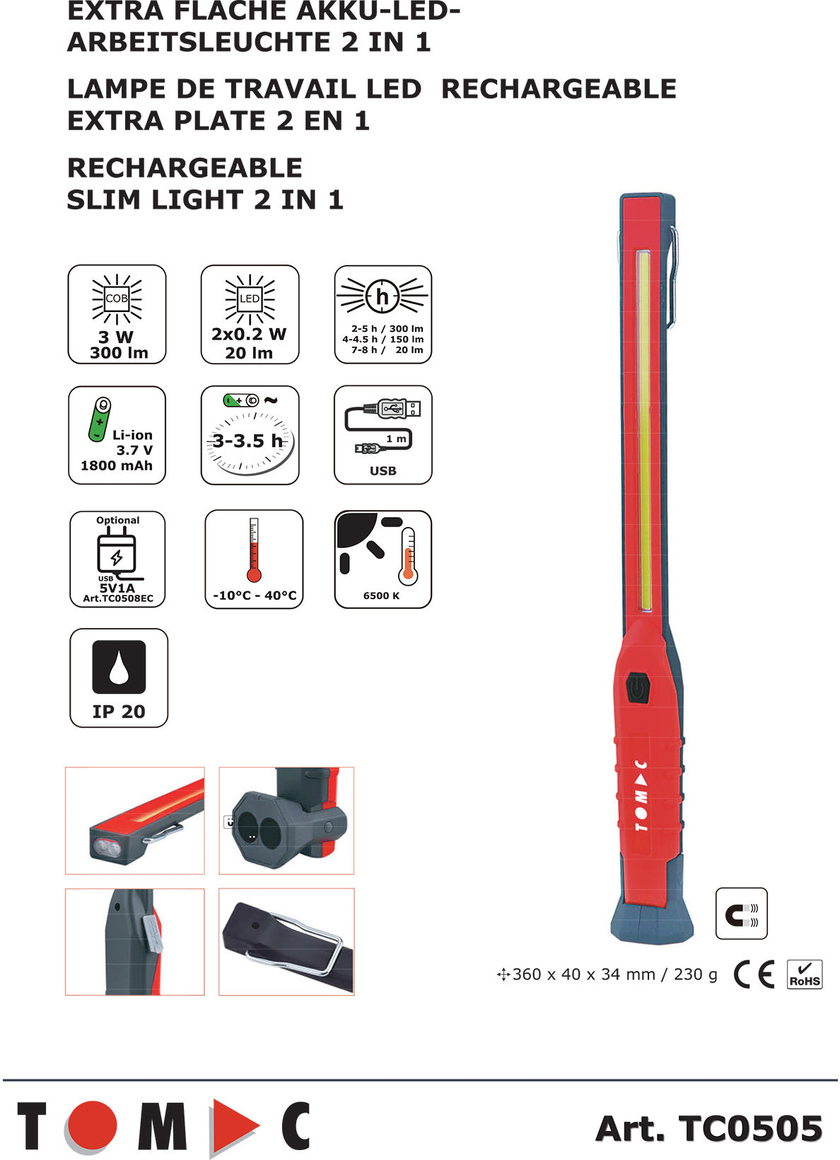 TC0505 Extra flache LED Akku Arbeitsleuchte 3W – 2 in 1