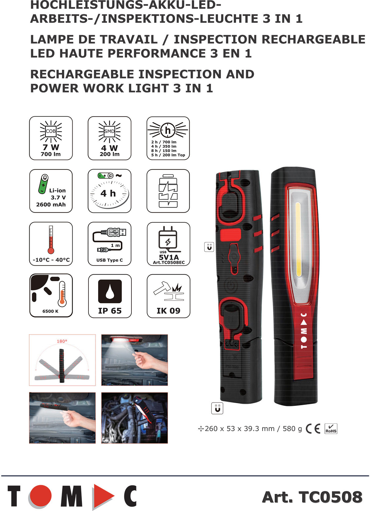 TC0508 LED Akku Hochleistungs Arbeits- / Inspektionsleuchte 7W