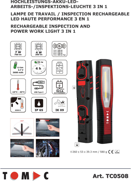 TC0508 LED Akku Hochleistungs Arbeits- / Inspektionsleuchte 7W
