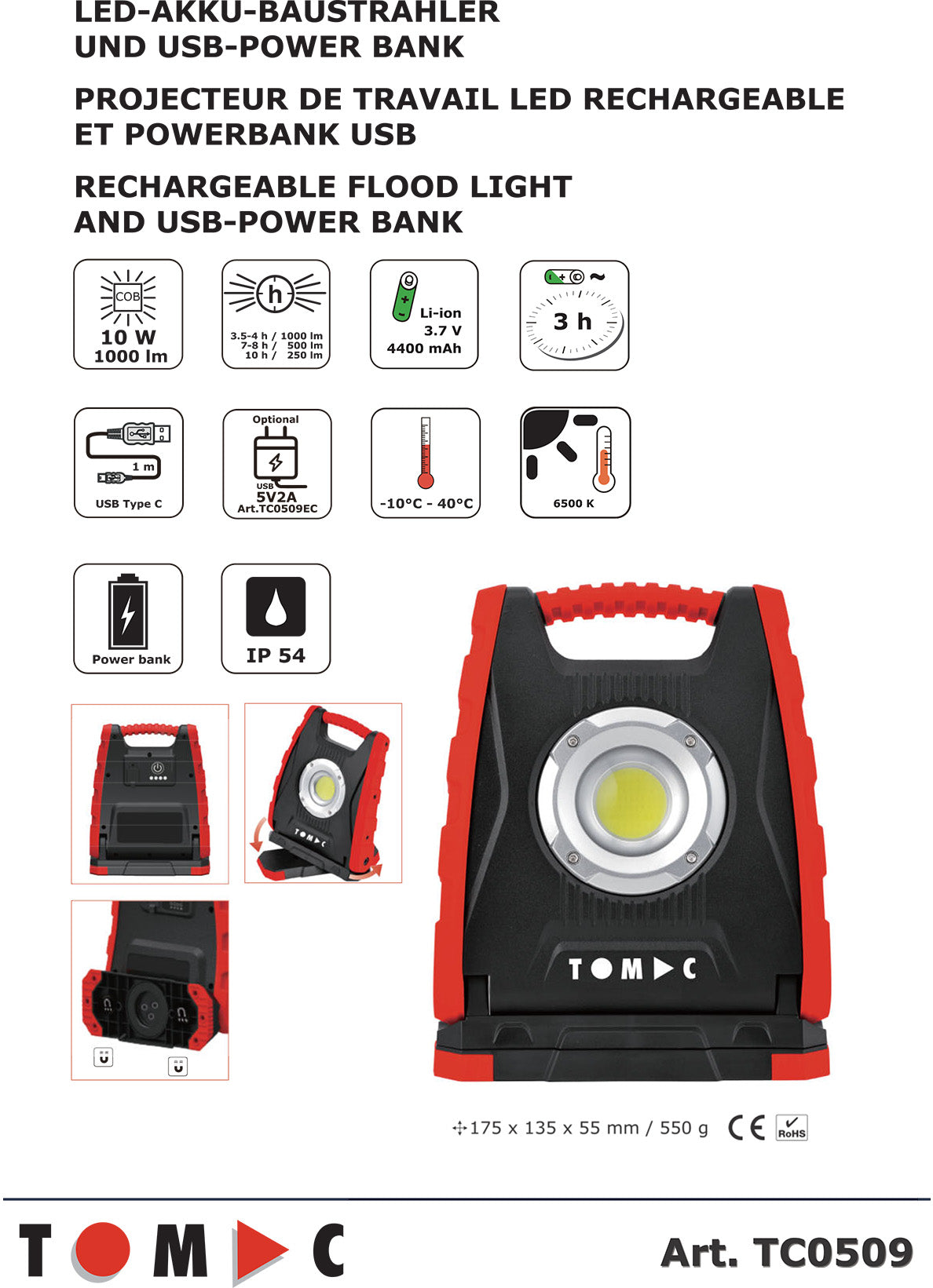 TC0509 LED Akku Baustrahler 10W / 1000 Lumen / USB-Powerbank 10 W