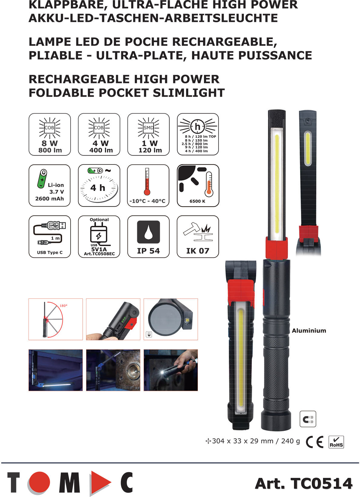 TC0514 Klappbare LED Akku Alu Taschen Arbeits- / Inspektionsleuchte 8 W