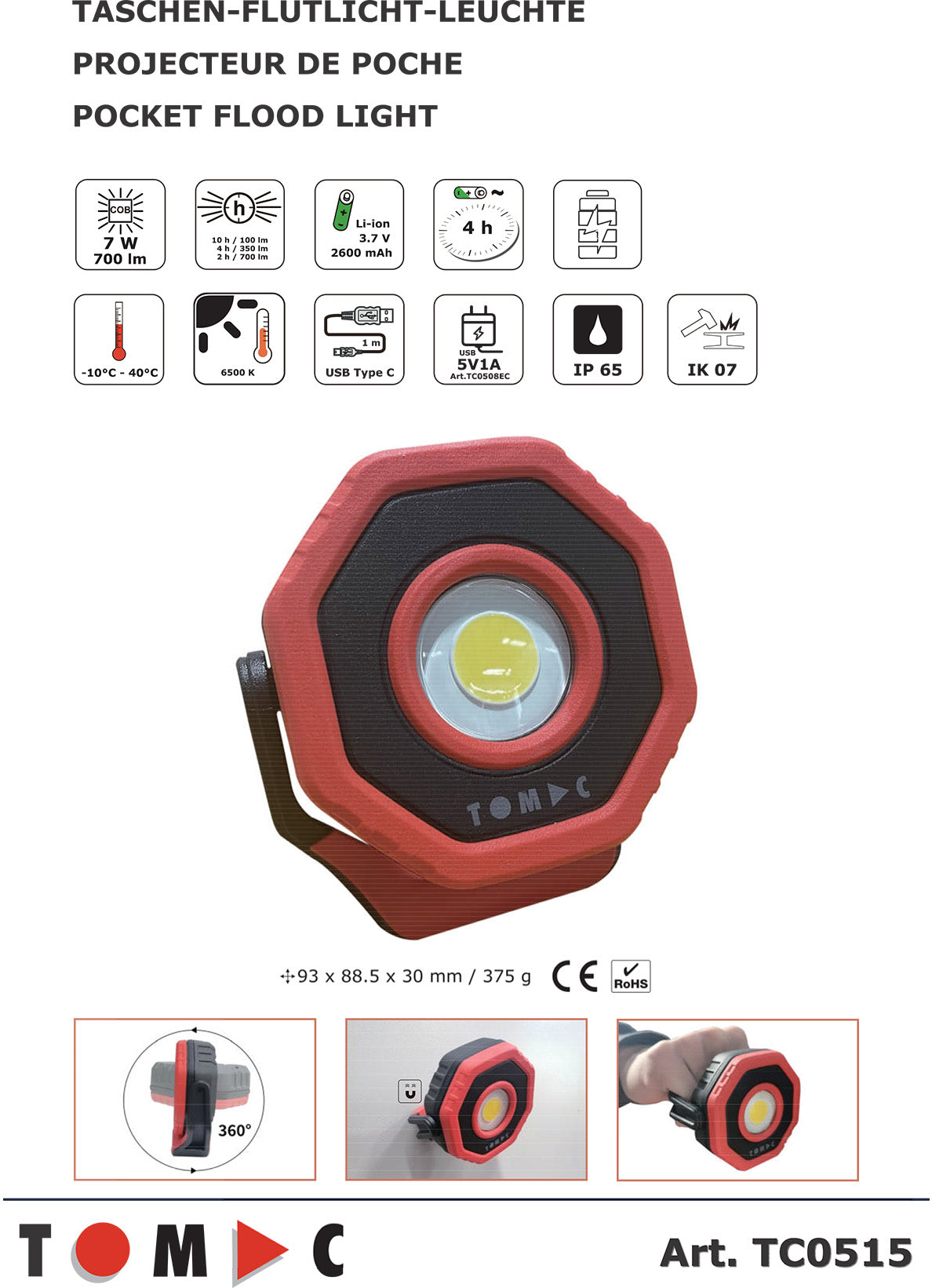 TC0515 LED Akku Taschen Flutlicht Leuchte 7W