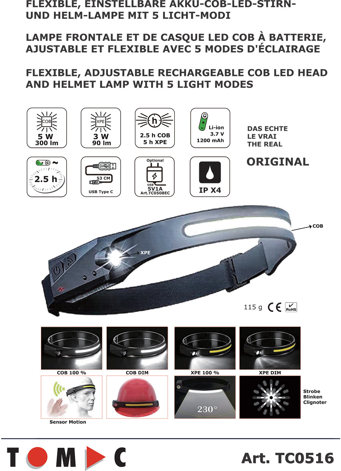 TC0516 Flexible LED Akku Stirn und Schutzhelm Lampe 5 W
