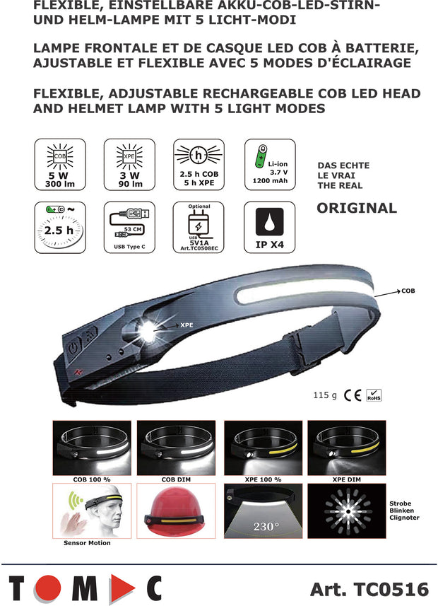 TC0516 Flexible LED Akku Stirn und Schutzhelm Lampe 5 W