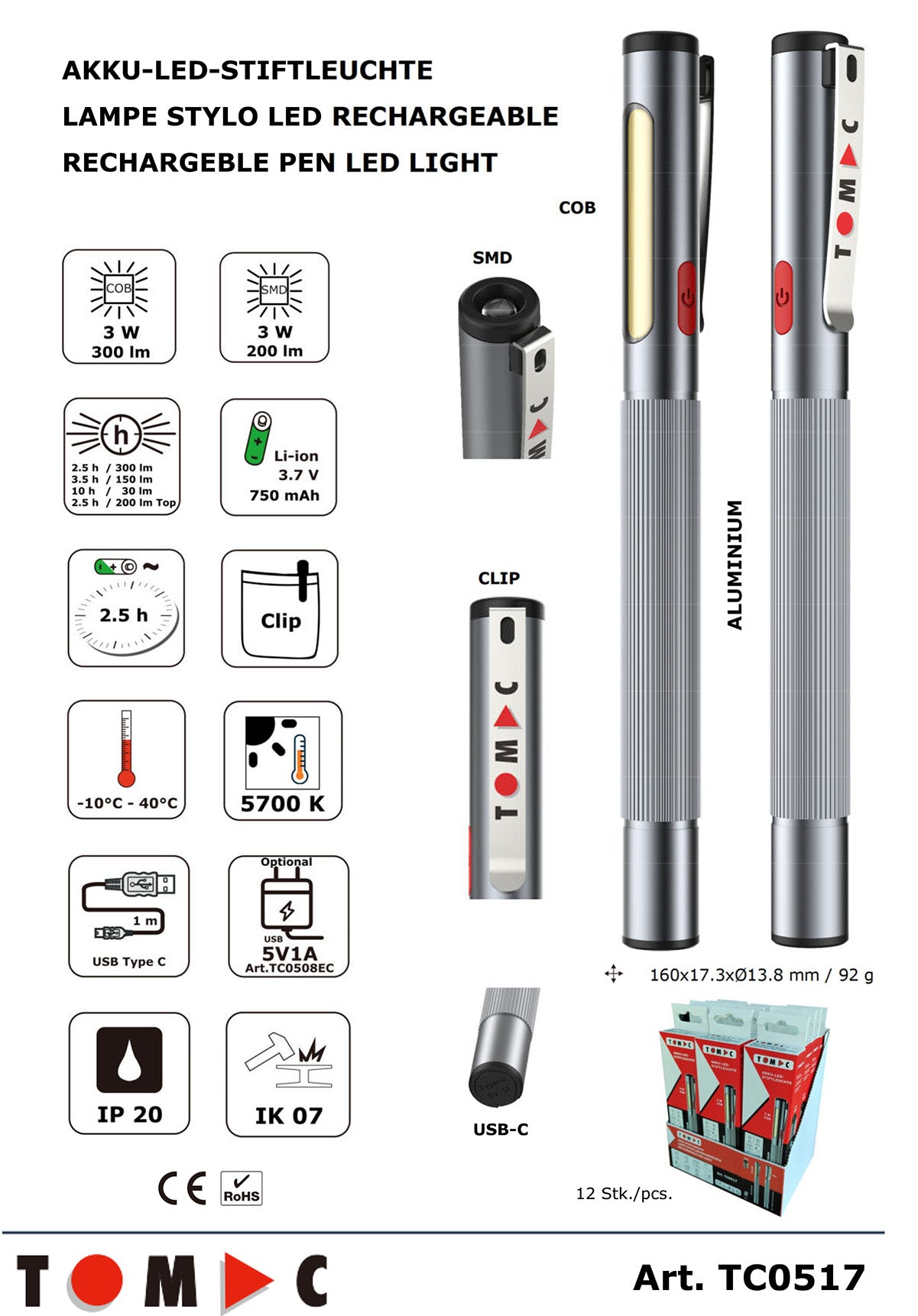 TC0517 LED Akku Alu Stiftleuchte 3 W