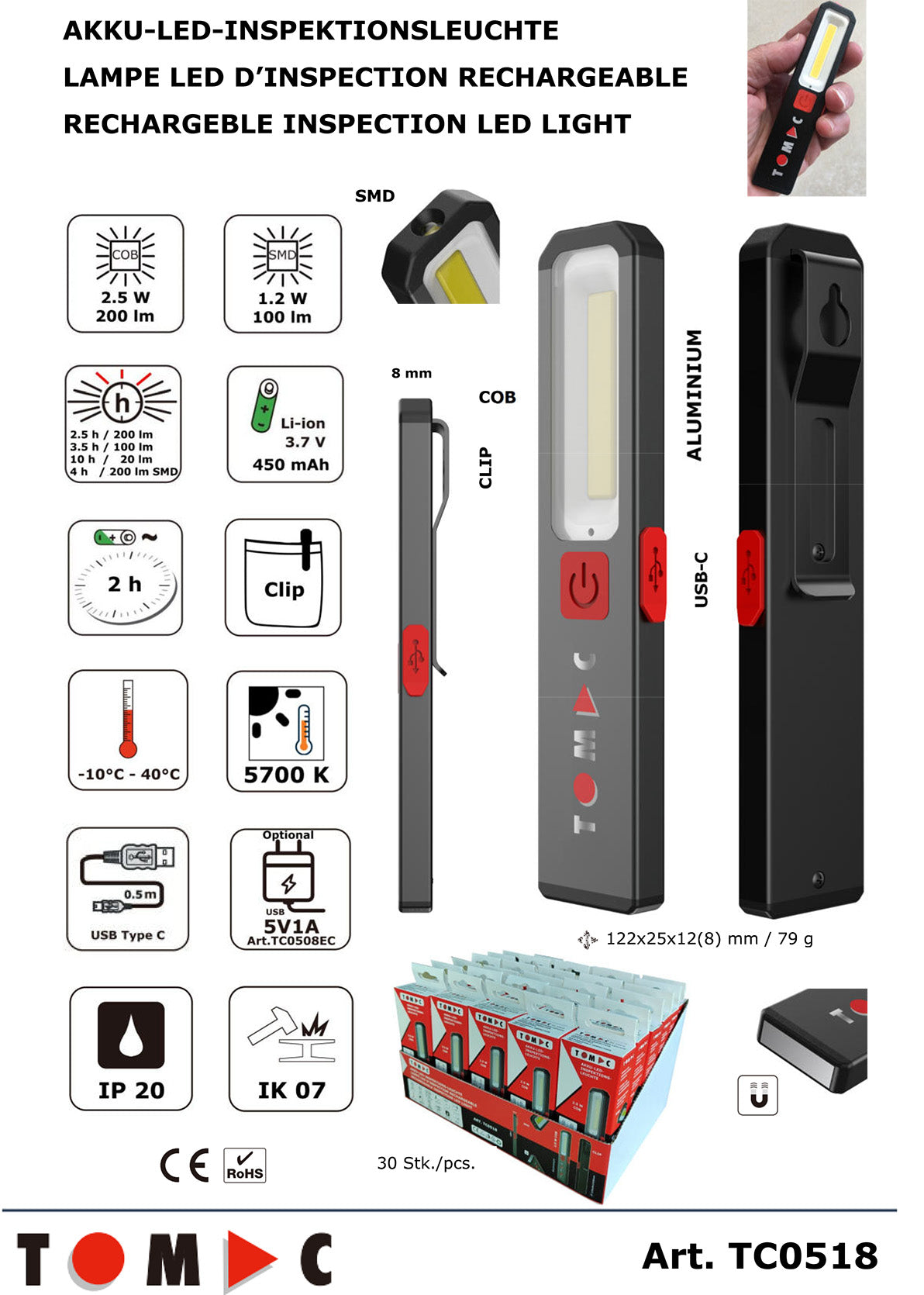 TC0518 Kompakte LED Akku Arbeits- / Inspektionsleuchte 2.5W