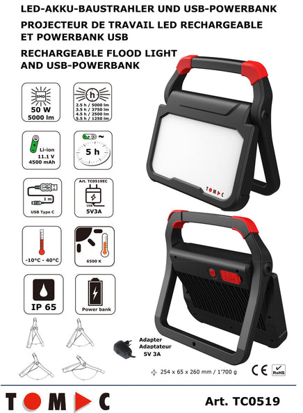 TC0519 LED Akku Baustrahler 50W / 5000 Lumen / USB Powerbank
