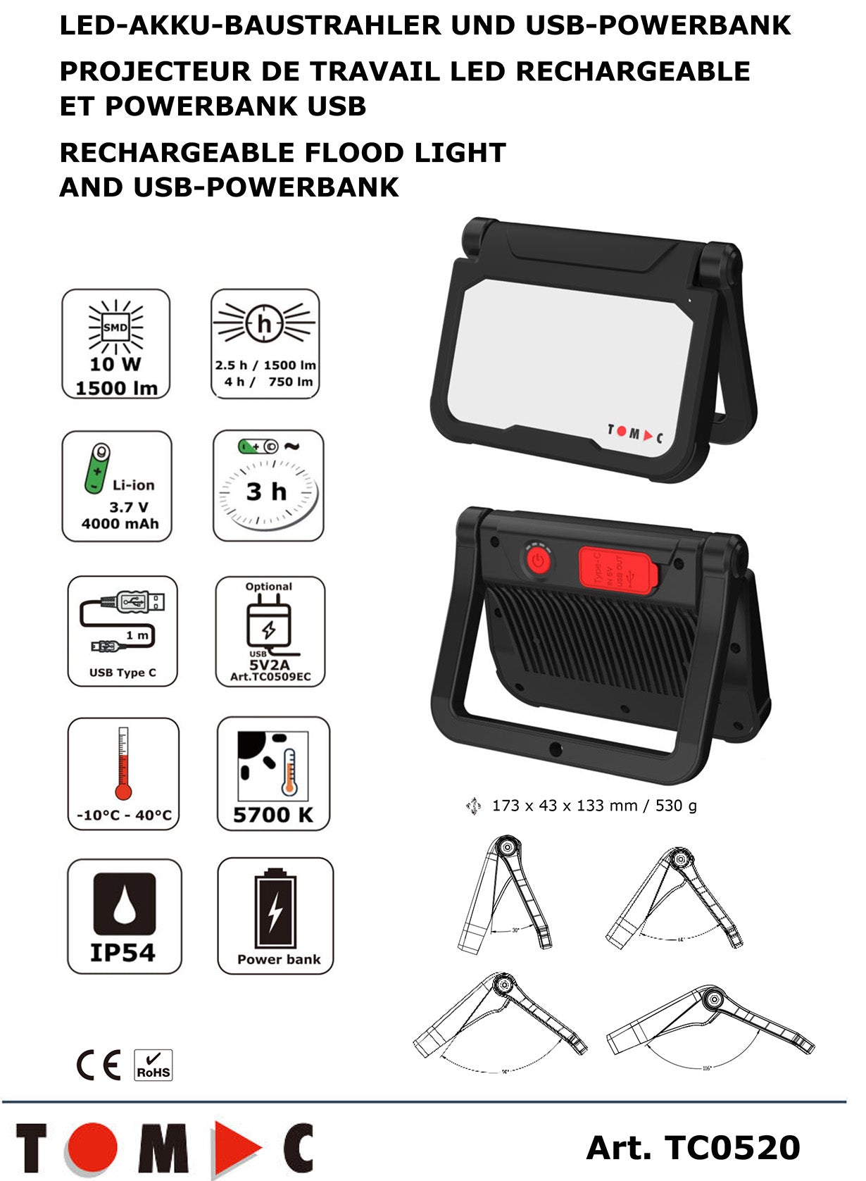 TC0520 LED Akku Baustrahler 10W / 1500 Lumen / USB Powerbank