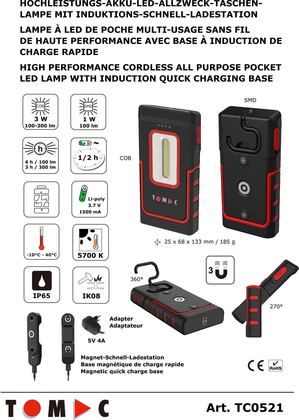TC0521 LED Akku Taschenlampe mit Schnellladung 3W