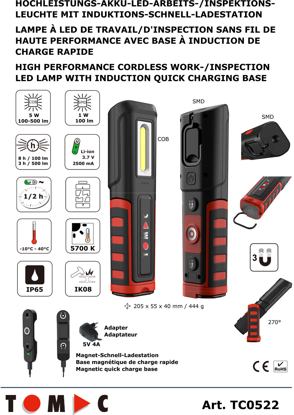 TC0522 LED Akku Arbeits- / Inspektionsleuchte 5W Schnellladung