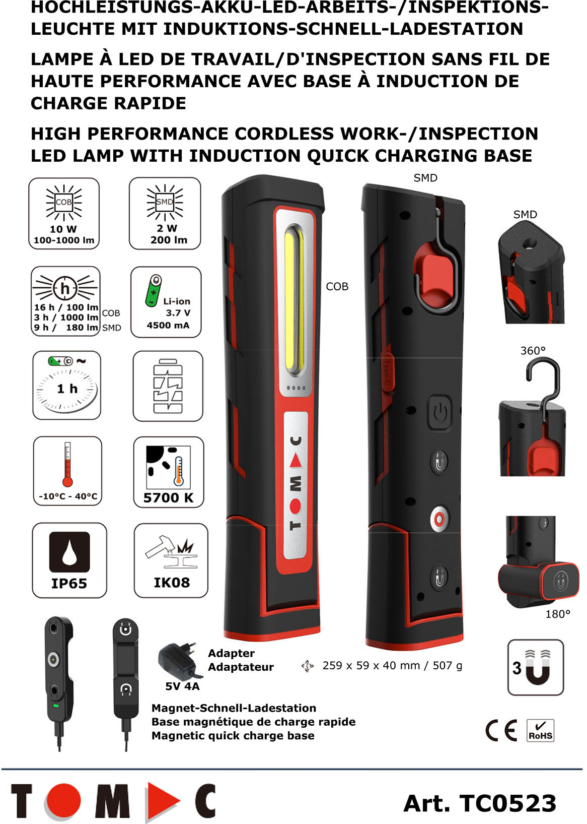 TC0523 LED Akku Arbeits- / Inspektionsleuchte 10W Schnellladung
