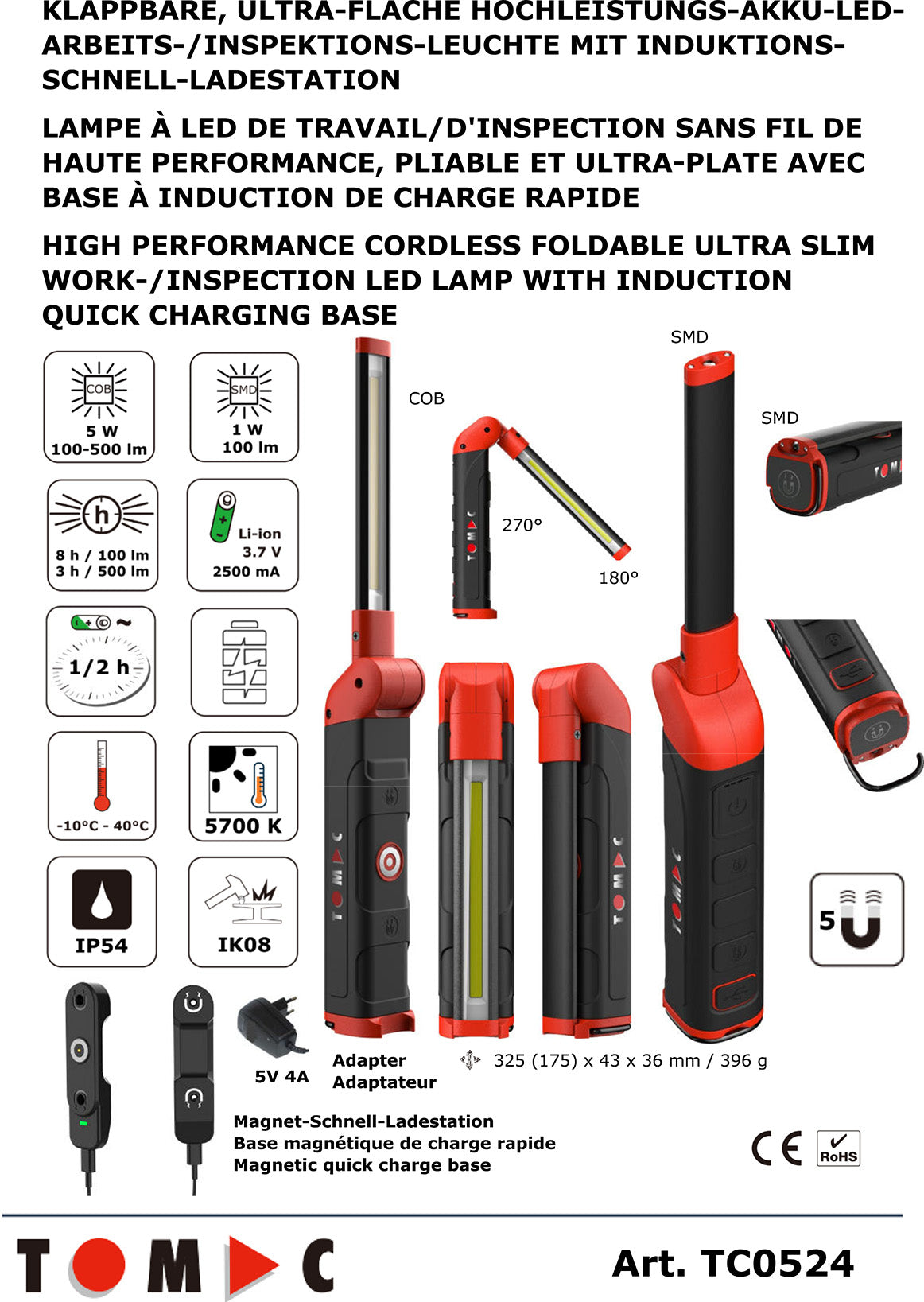 TC0524 Flache LED Akku Arbeits- / Inspektionsleuchte 5W Schnellladung