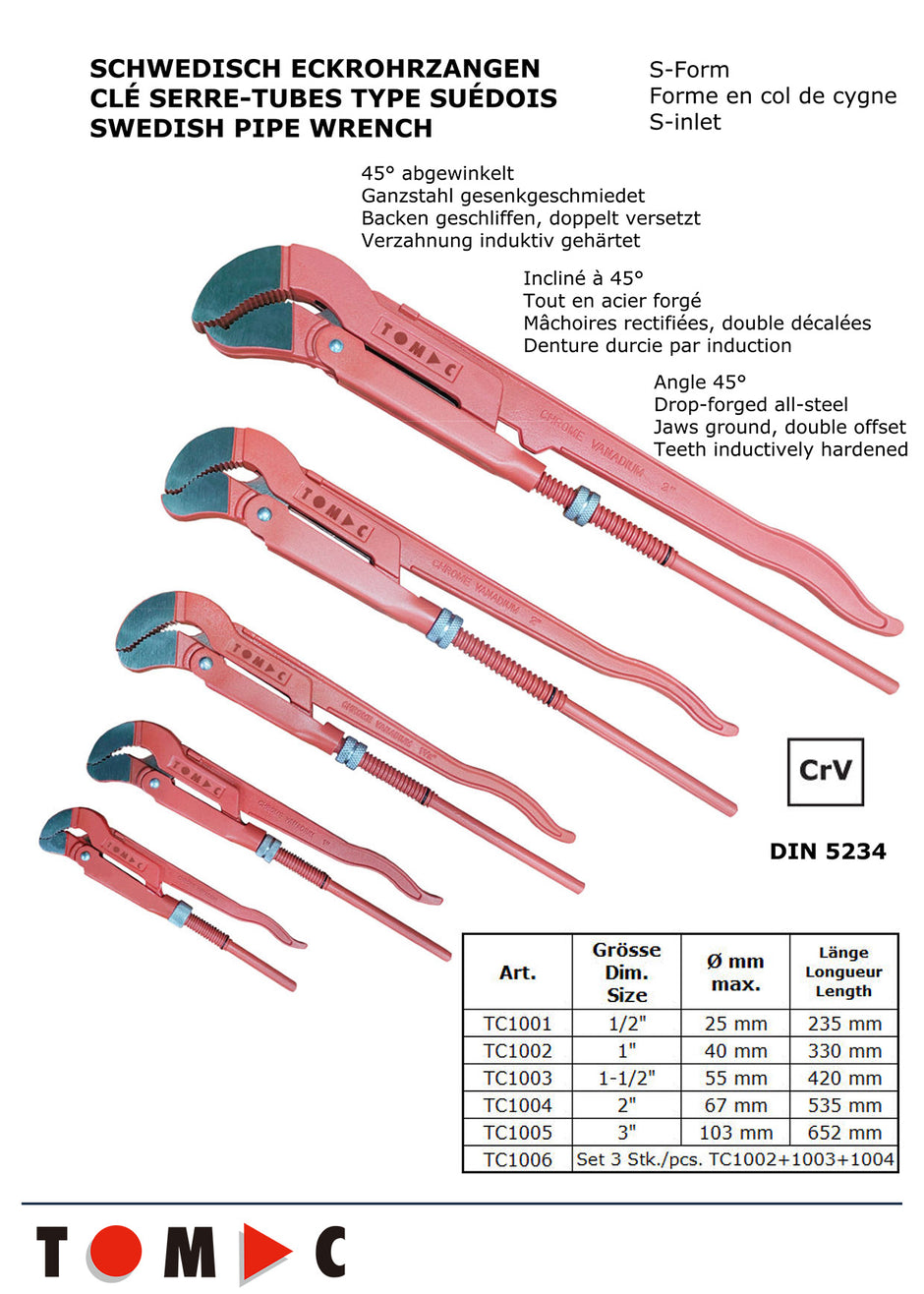 TC1006 Swedish Corner Pipe Wrench Set - 3-piece 1" + 1-1/2" + 2"